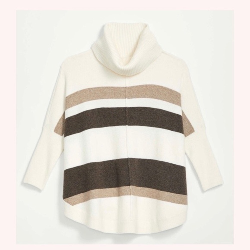 LOFT Womens Striped Cowl Neck Poncho Sweater Cream Brown Tan Small‎